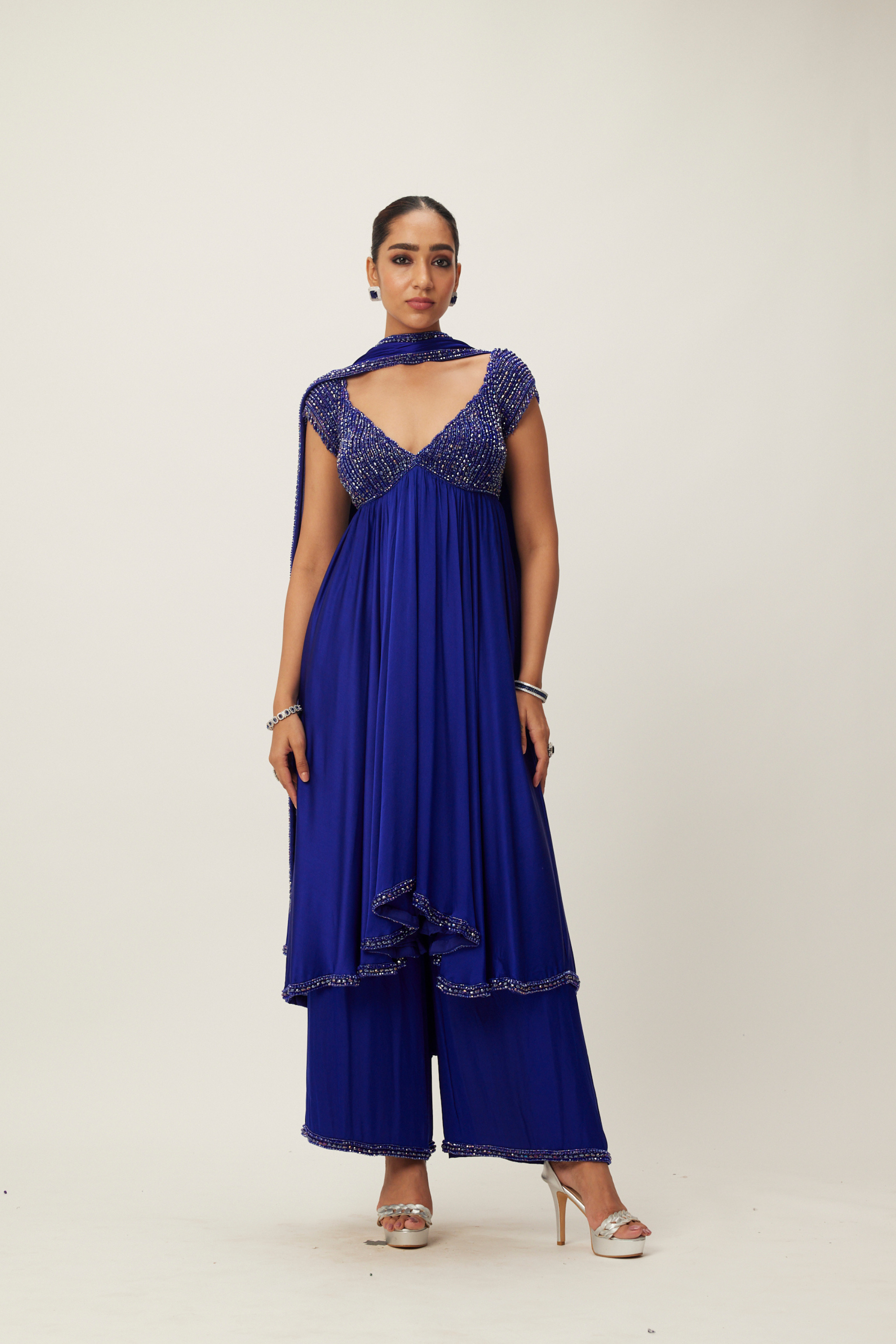 Cocktail Blue Crystal Beaded Kurta Set