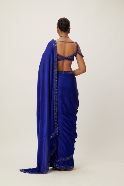 Cocktail Blue Satin Saree Set Melange Singapore Online Shopping Indian Designer Wear V Vani Vats