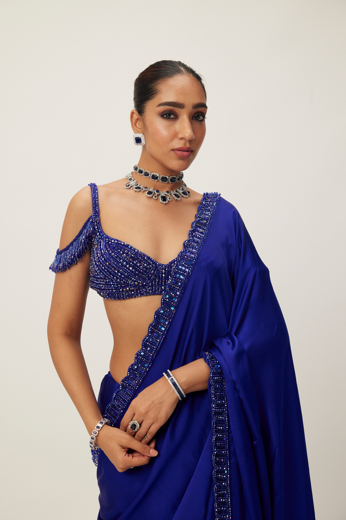 Cocktail Blue Satin Saree Set Melange Singapore Online Shopping Indian Designer Wear V Vani Vats