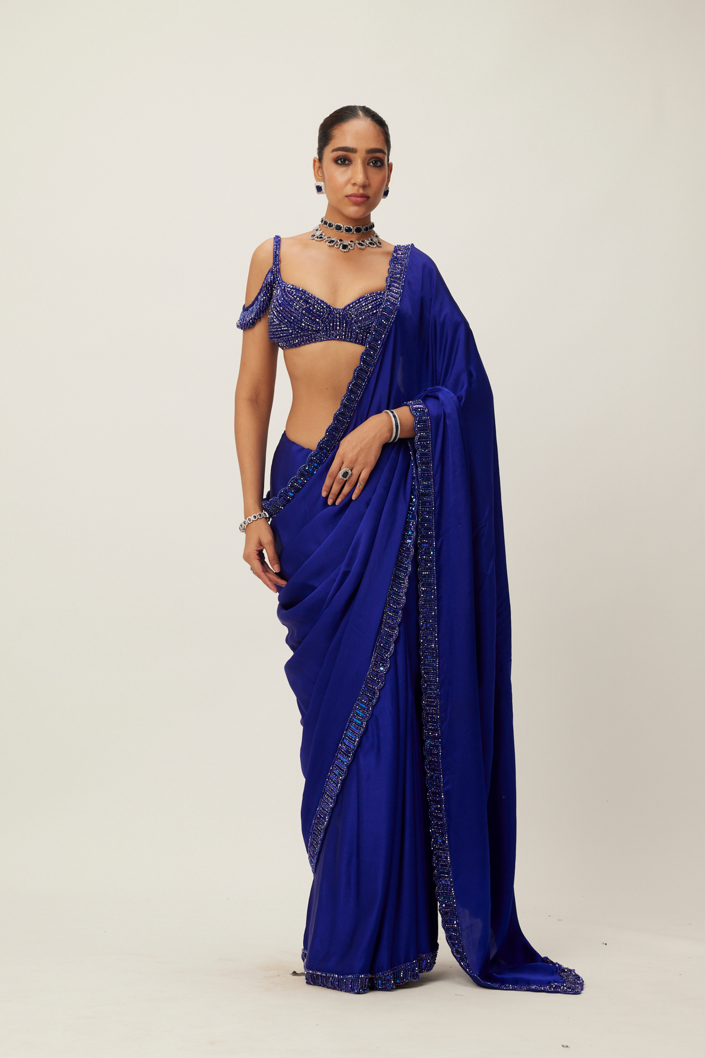 Cocktail Blue Satin Saree Set Melange Singapore Online Shopping Indian Designer Wear V Vani Vats