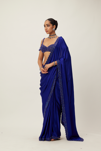 Cocktail Blue Satin Saree Set Melange Singapore Online Shopping Indian Designer Wear V Vani Vats