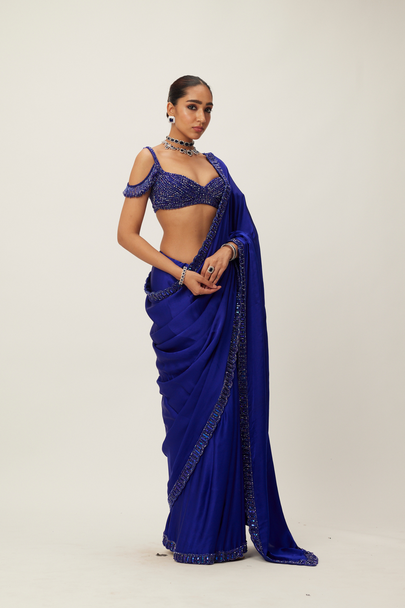 Cocktail Blue Satin Saree Set Melange Singapore Online Shopping Indian Designer Wear V Vani Vats