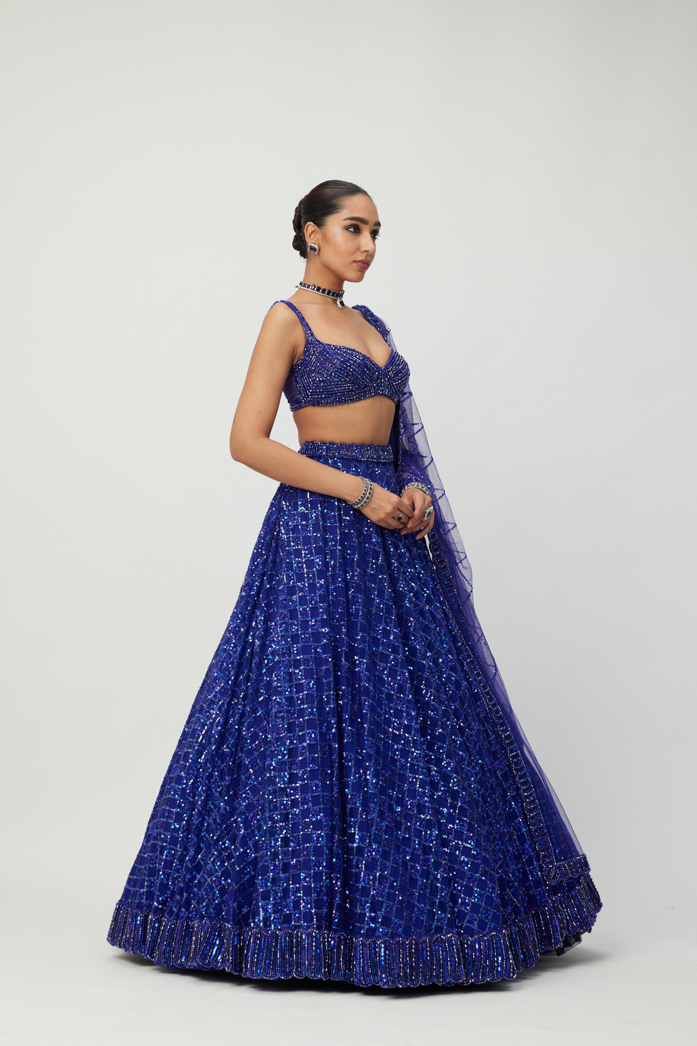 Cocktail Blue Sequins Embroidered Lehenga Set Melange Singapore Online Shopping Indian Designer Wear V Vani Vats