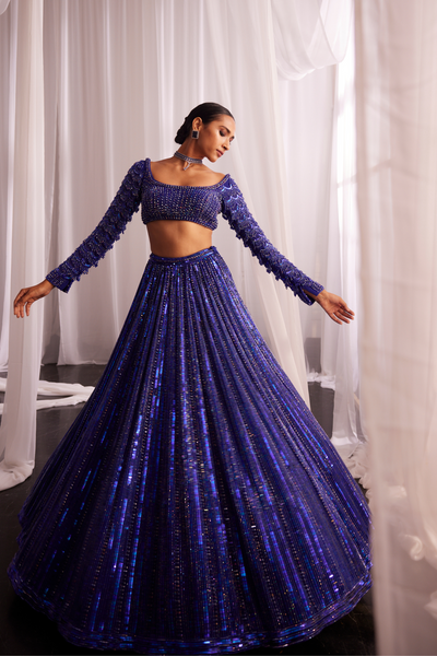 Cocktail Blue Crystal Linear Embroidered Lehenga Set Melange Singapore Online Shopping Indian Designer Wear V Vani Vats