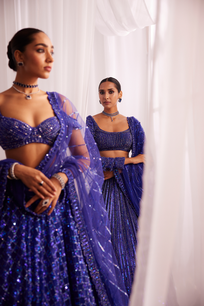 Cocktail Blue Crystal Linear Embroidered Lehenga Set Melange Singapore Online Shopping Indian Designer Wear V Vani Vats