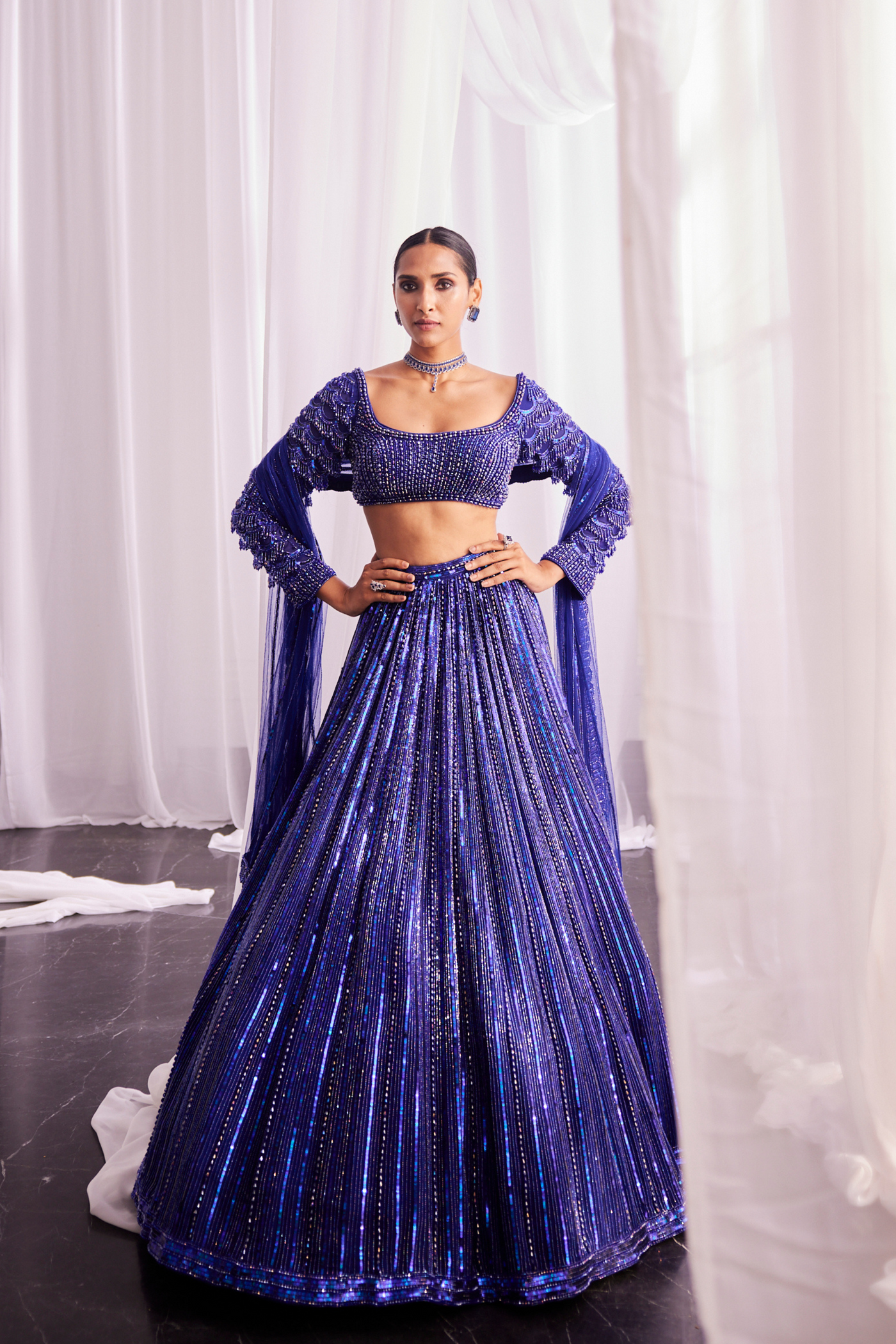 Cocktail Blue Crystal Linear Embroidered Lehenga Set Melange Singapore Online Shopping Indian Designer Wear V Vani Vats