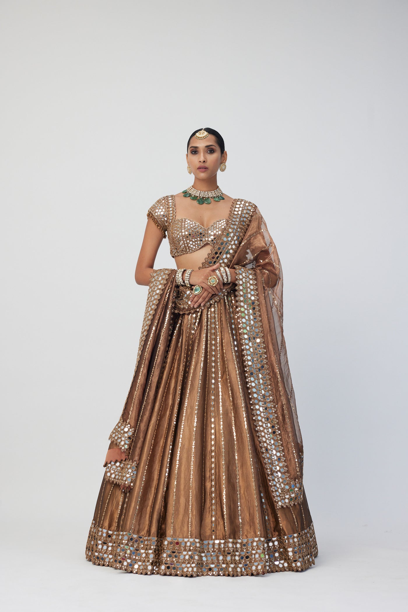 Copper Shimmer Organza Linear Lehenga Set