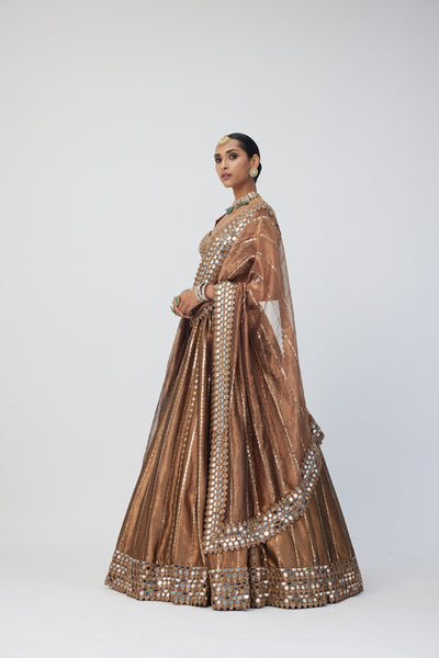 Copper Shimmer Organza Linear Lehenga Set