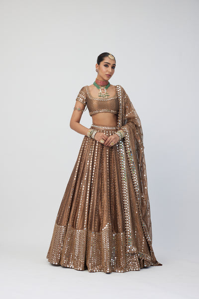 V Vani Vats Copper Shimmer Organza Sequins Lehenga Set indian designer wear online shopping melange singapore