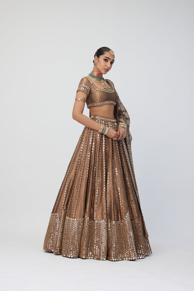 V Vani Vats Copper Shimmer Organza Sequins Lehenga Set indian designer wear online shopping melange singapore