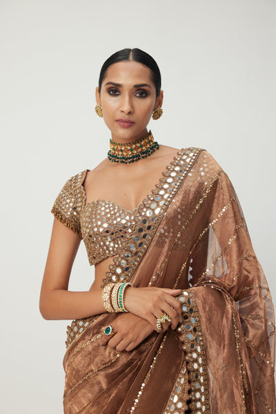 V Vani Vats Copper Shimmer Organza Saree Set indian designer wear online shopping melange singapore