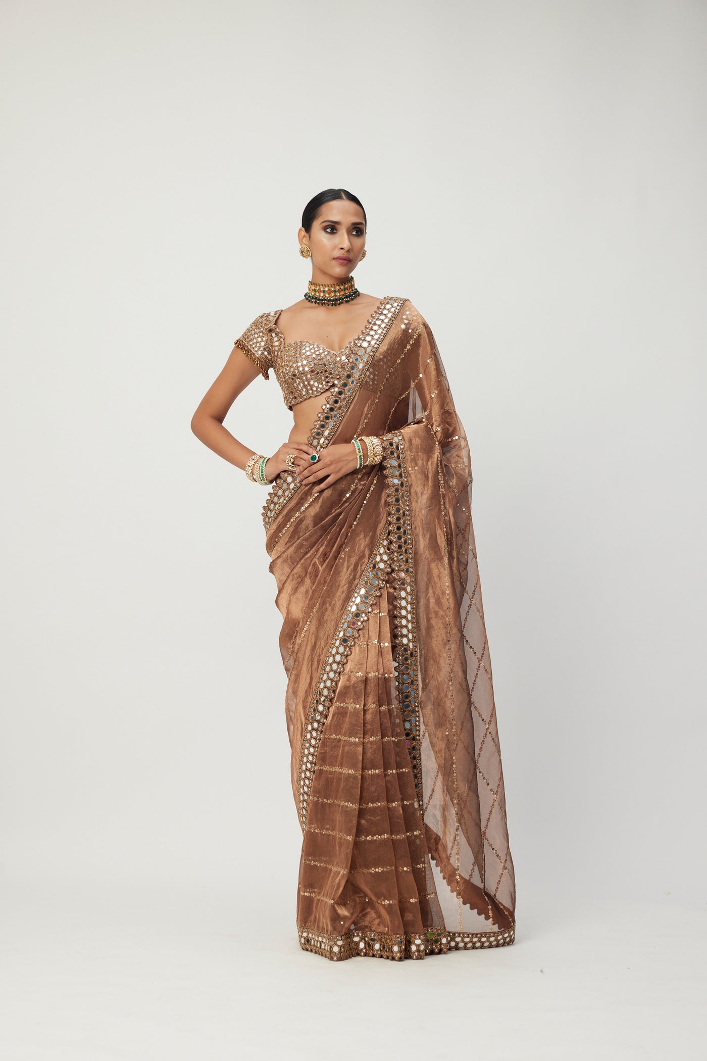 V Vani Vats Copper Shimmer Organza Saree Set indian designer wear online shopping melange singapore