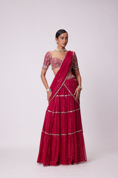 V Vani Vats Crimson Red Multi- Tier Saree Set indian designer wear online shopping melange singapore