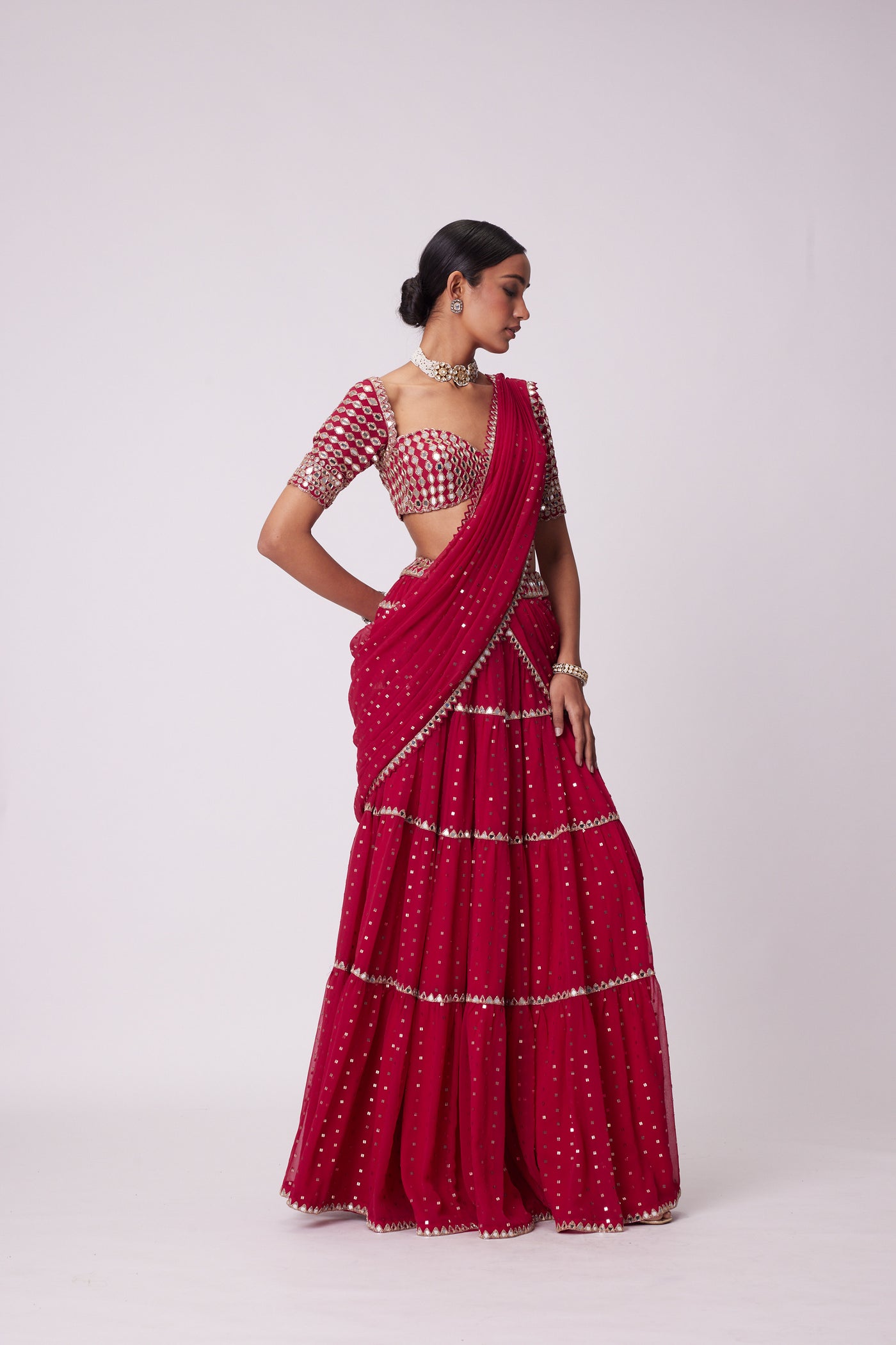 V Vani Vats Crimson Red Multi- Tier Saree Set indian designer wear online shopping melange singapore