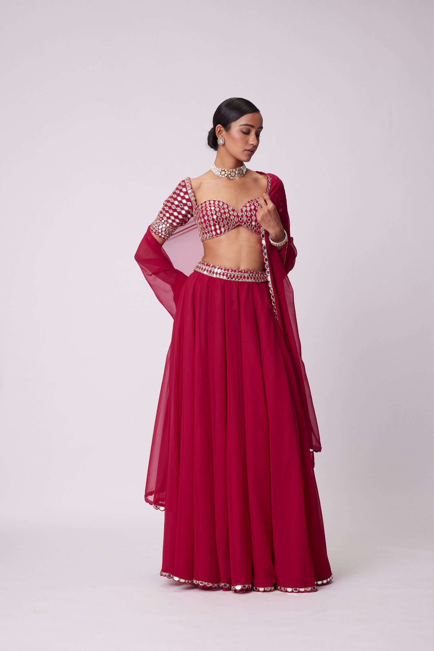 V Vani Vats Crimson Red Georgette Lehenga Pants Set indian designer wear online shopping melange singapore