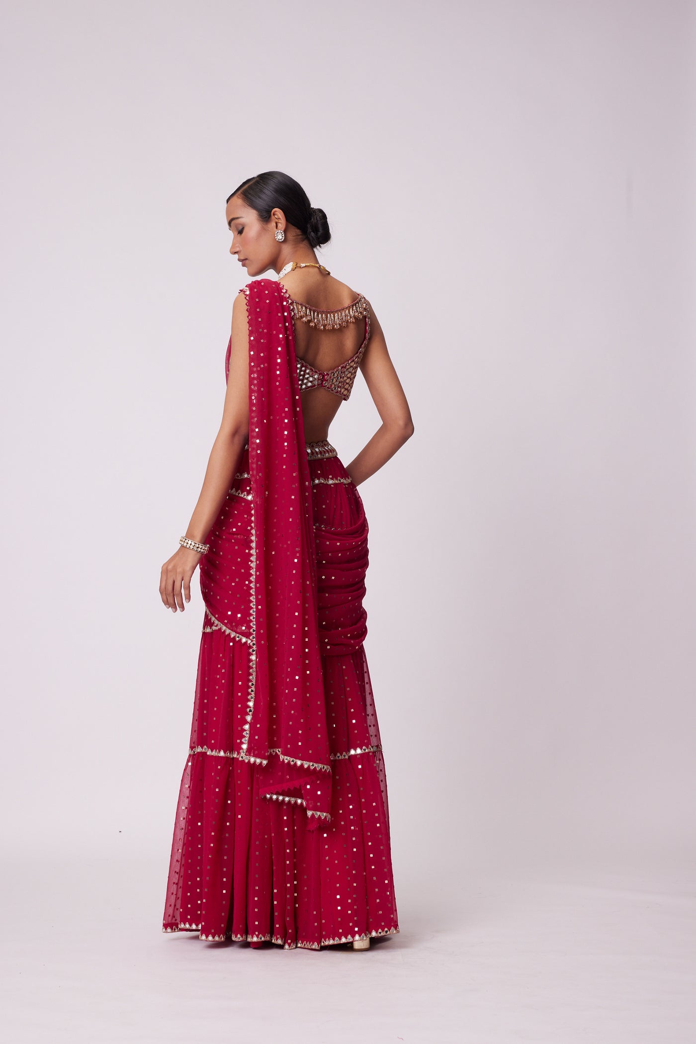 V Vani Vats Crimson Red Multi- Tier Sequin Embroidered Saree Set indian designer wear online shopping melange singapore