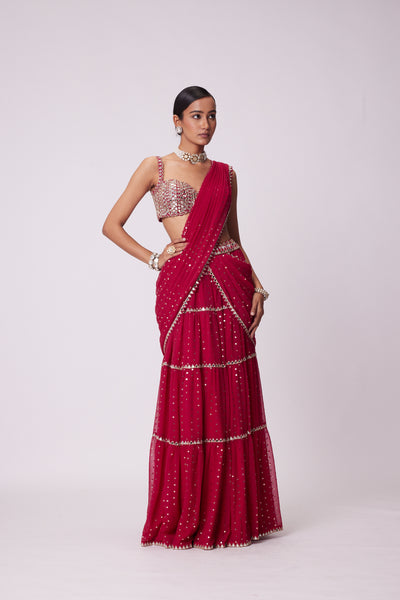 V Vani Vats Crimson Red Multi- Tier Sequin Embroidered Saree Set indian designer wear online shopping melange singapore