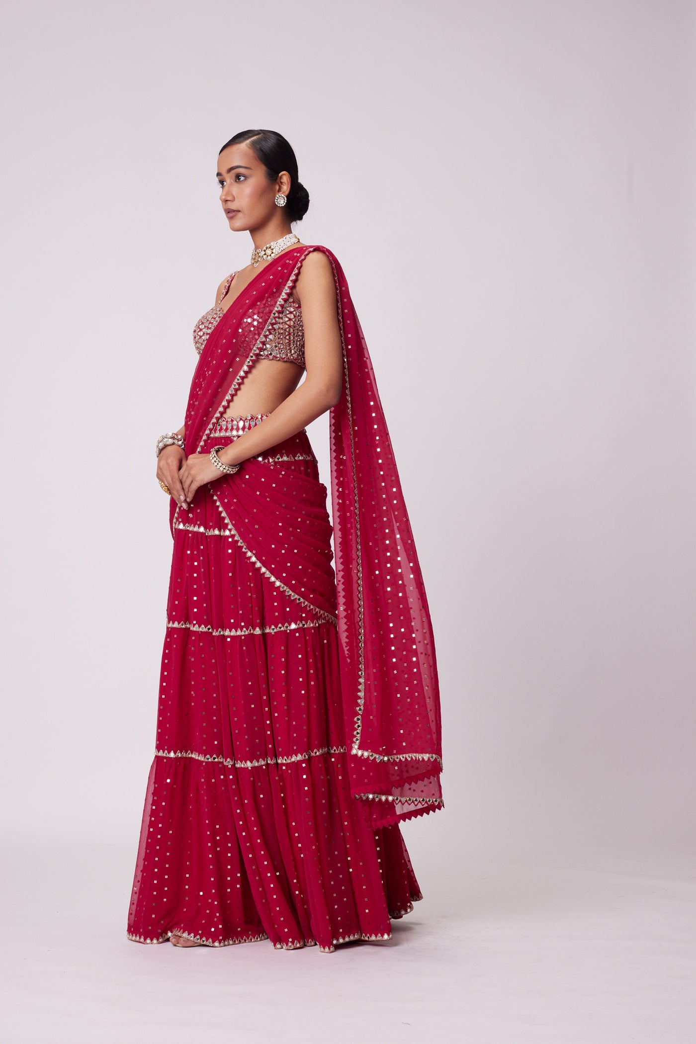 V Vani Vats Crimson Red Multi- Tier Sequin Embroidered Saree Set indian designer wear online shopping melange singapore