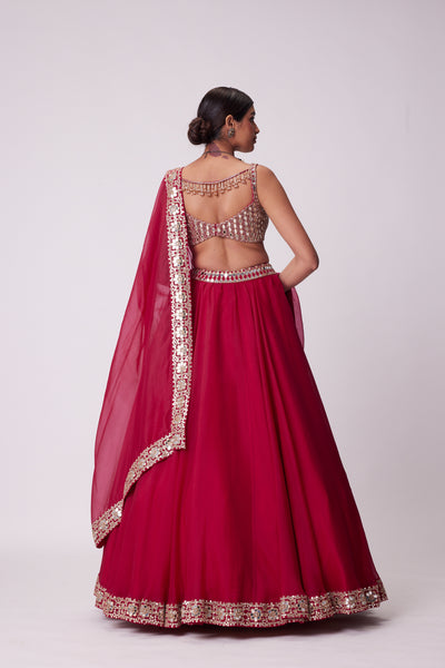 V Vani Vats Crimson Red Organza Hand Embroidered Lehenga Set indian designer wear online shopping melange singapore