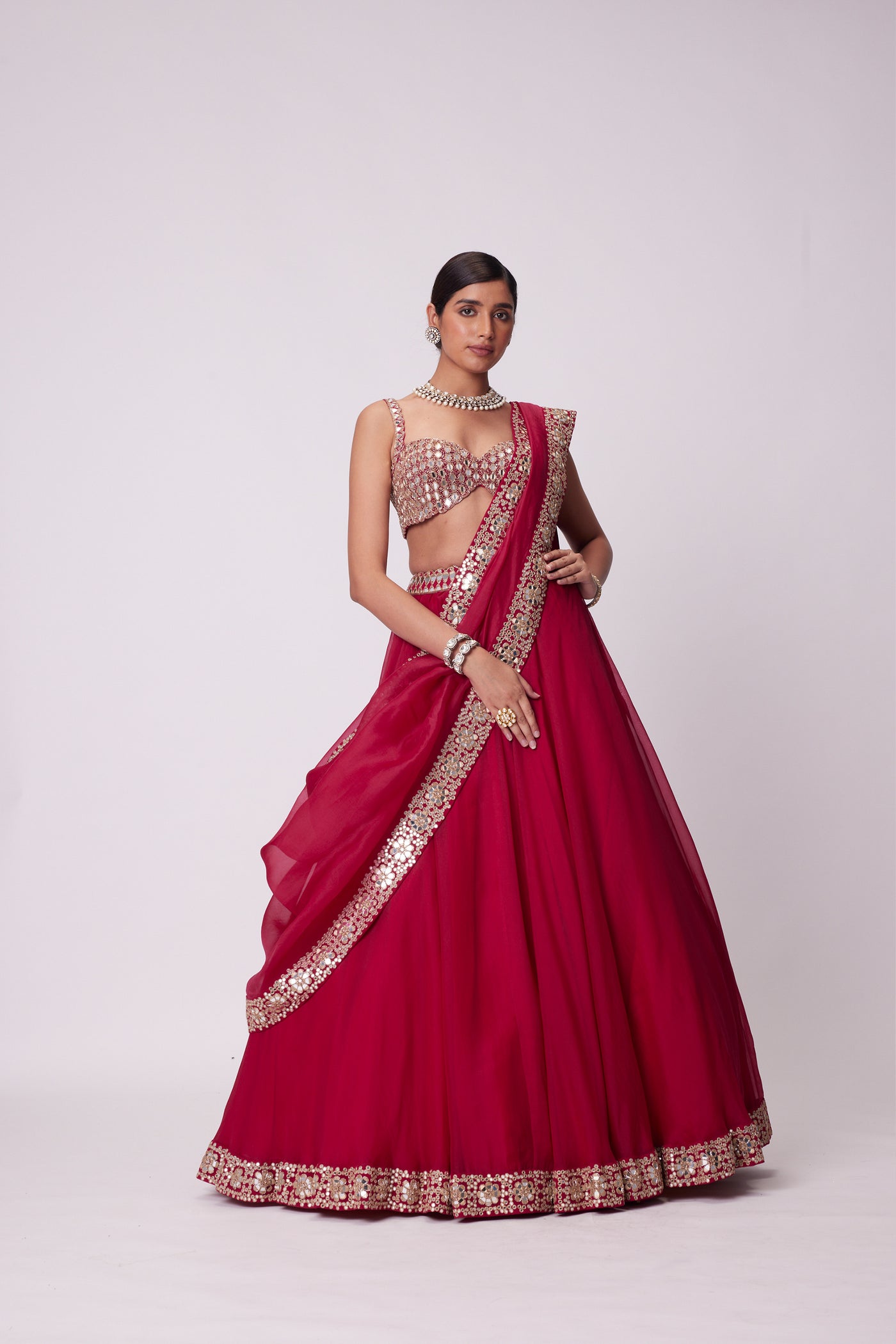 V Vani Vats Crimson Red Organza Hand Embroidered Lehenga Set indian designer wear online shopping melange singapore