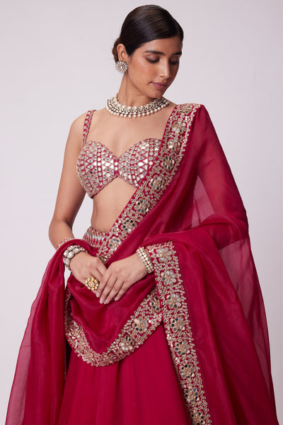 V Vani Vats Crimson Red Organza Lehenga Set indian designer wear online shopping melange singapore