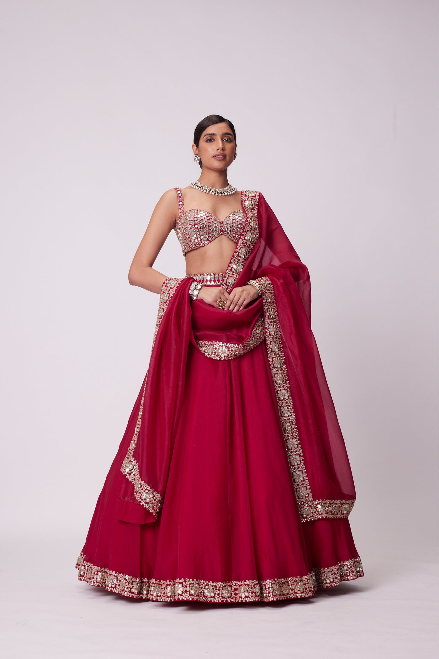 V Vani Vats Crimson Red Organza Lehenga Set indian designer wear online shopping melange singapore