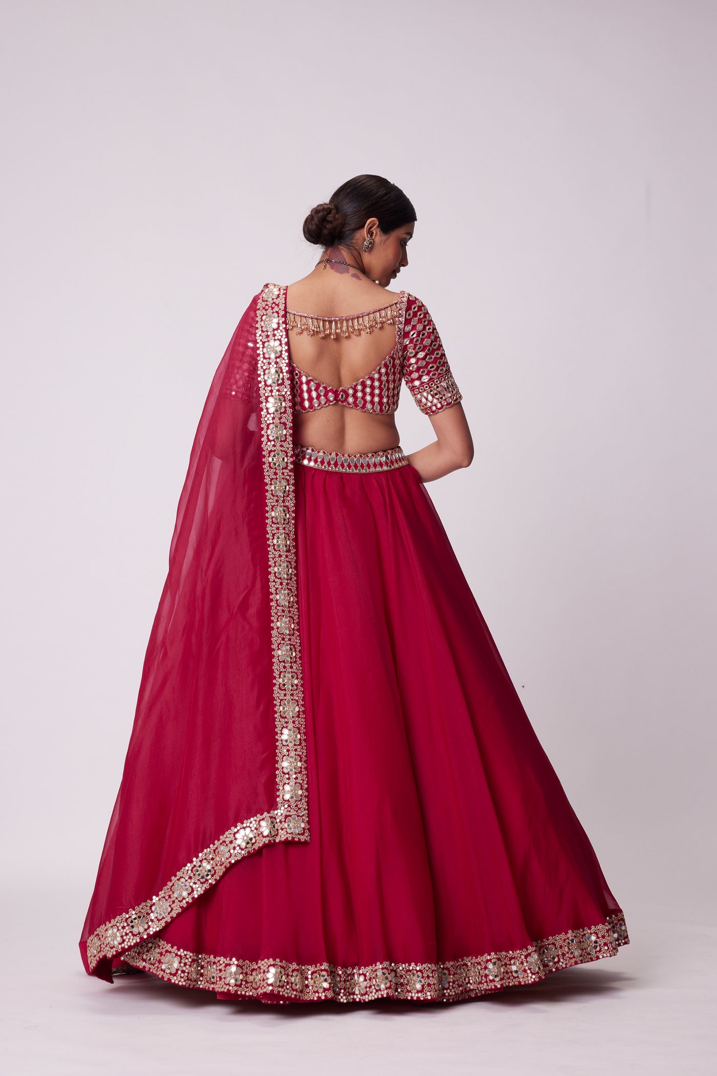 V Vani Vats Crimson Red Organza Mirror Lehenga Set indian designer wear online shopping melange singapore