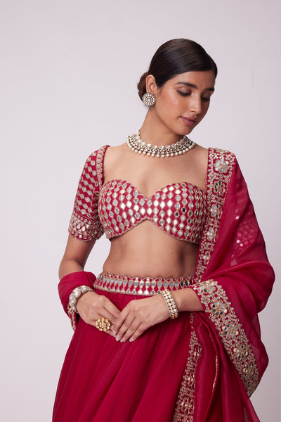 V Vani Vats Crimson Red Organza Mirror Lehenga Set indian designer wear online shopping melange singapore