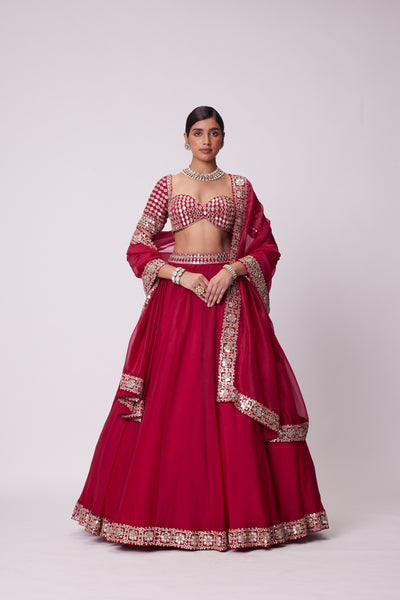 V Vani Vats Crimson Red Organza Mirror Lehenga Set indian designer wear online shopping melange singapore