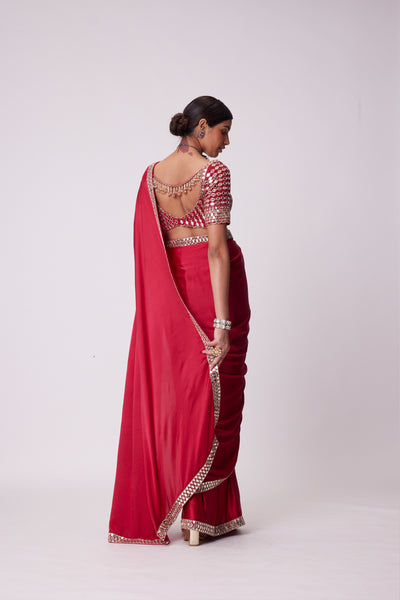 V Vani Vats Crimson Red  Satin Mirror Embroidered Saree Set indian designer wear online shopping melange singapore