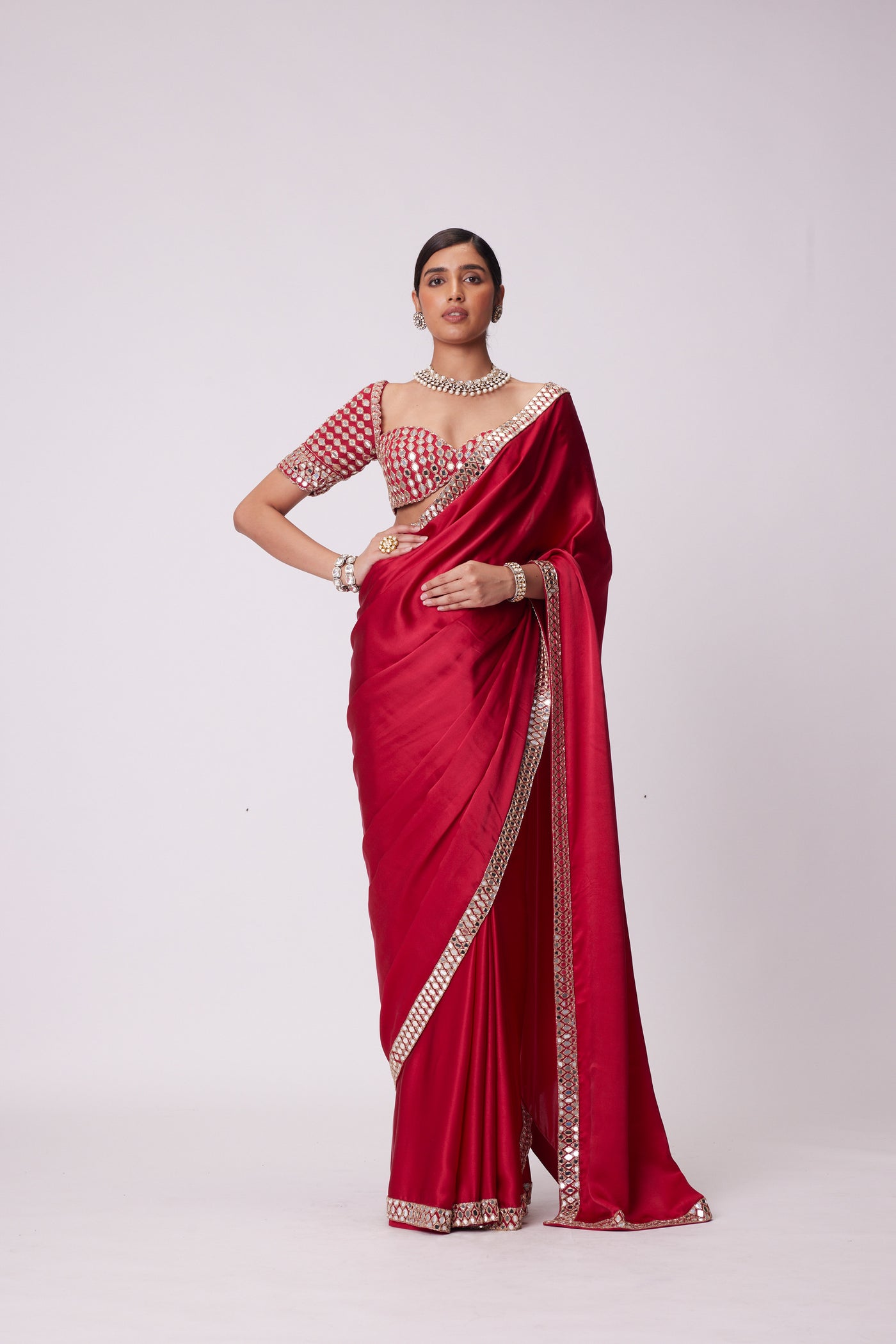 V Vani Vats Crimson Red  Satin Mirror Embroidered Saree Set indian designer wear online shopping melange singapore