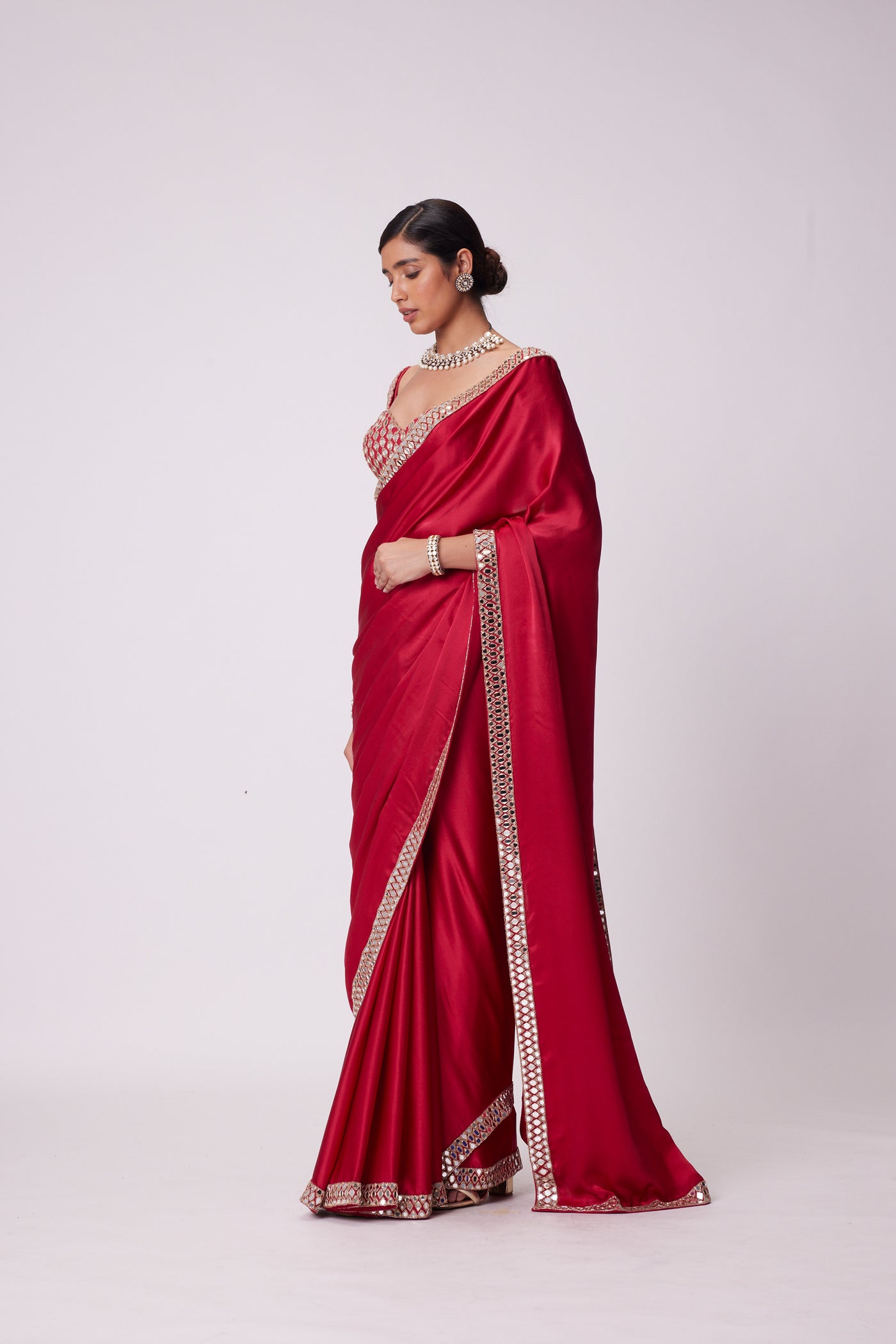 V Vani Vats Crimson Red  Satin Mirror Embroidered Saree Set indian designer wear online shopping melange singapore