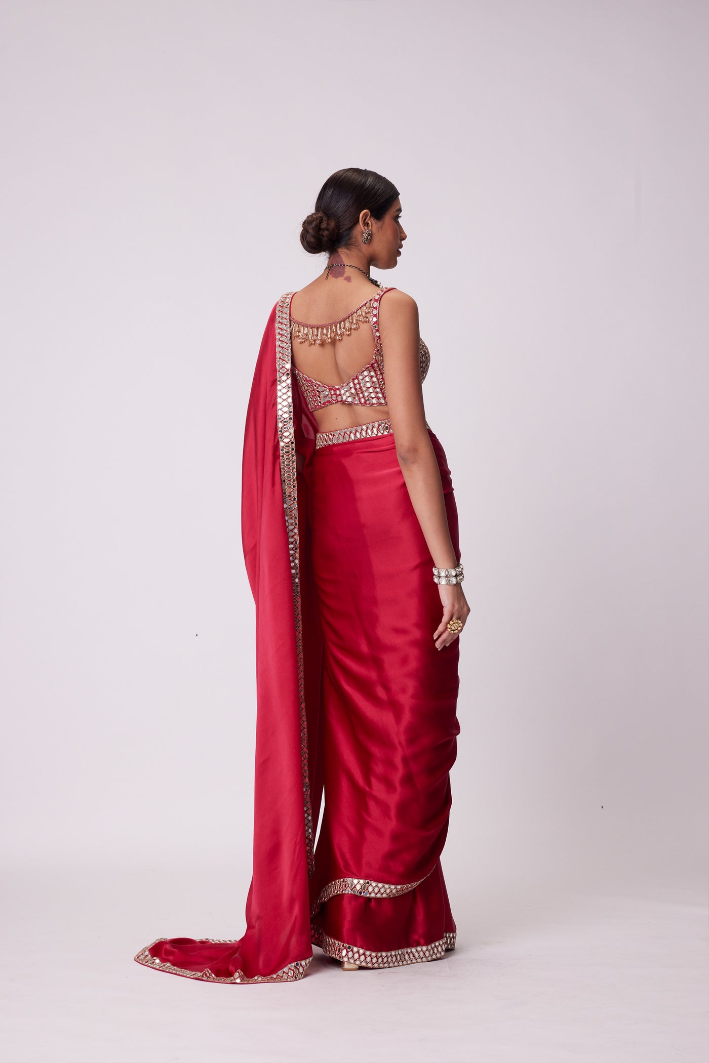 V Vani Vats Crimson Red Satin Saree Set indian designer wear online shopping melange singapore