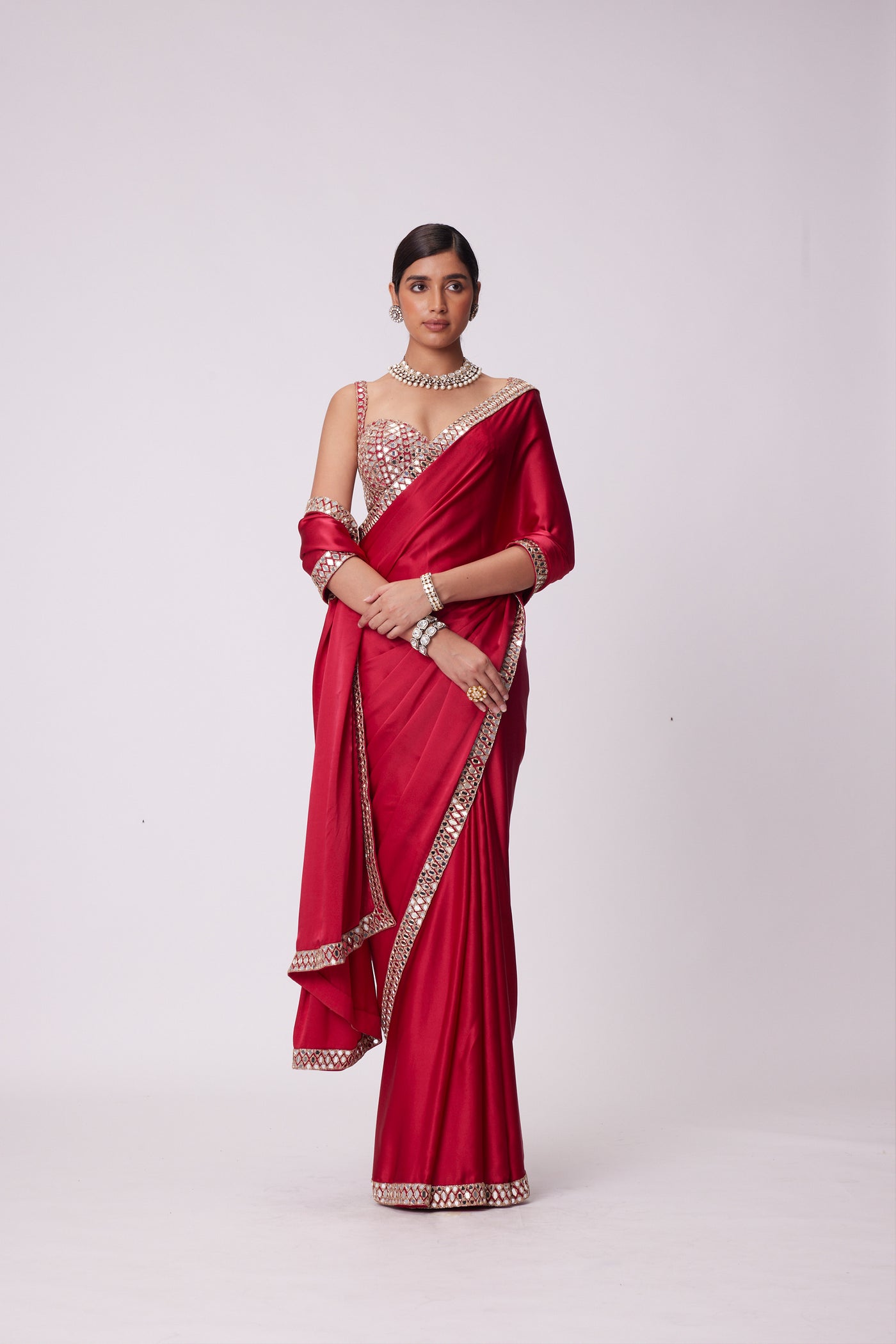 V Vani Vats Crimson Red Satin Saree Set indian designer wear online shopping melange singapore