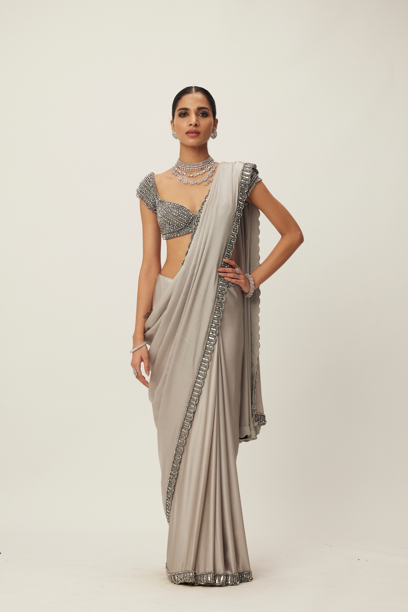 Crystal Grey Satin Saree Set Melange Singapore Online Shopping Indian Designer Wear V Vani Vats