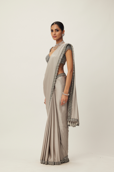 Crystal Grey Satin Saree Set Melange Singapore Online Shopping Indian Designer Wear V Vani Vats