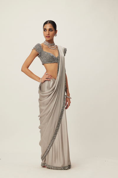 Crystal Grey Satin Saree Set Melange Singapore Online Shopping Indian Designer Wear V Vani Vats