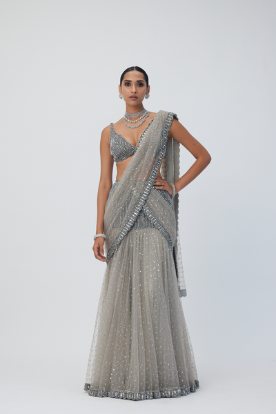 Crystal Grey Sequin Scattered Pre Draped Saree Set Melange Singapore Online Shopping Indian Designer Wear V Vani Vats