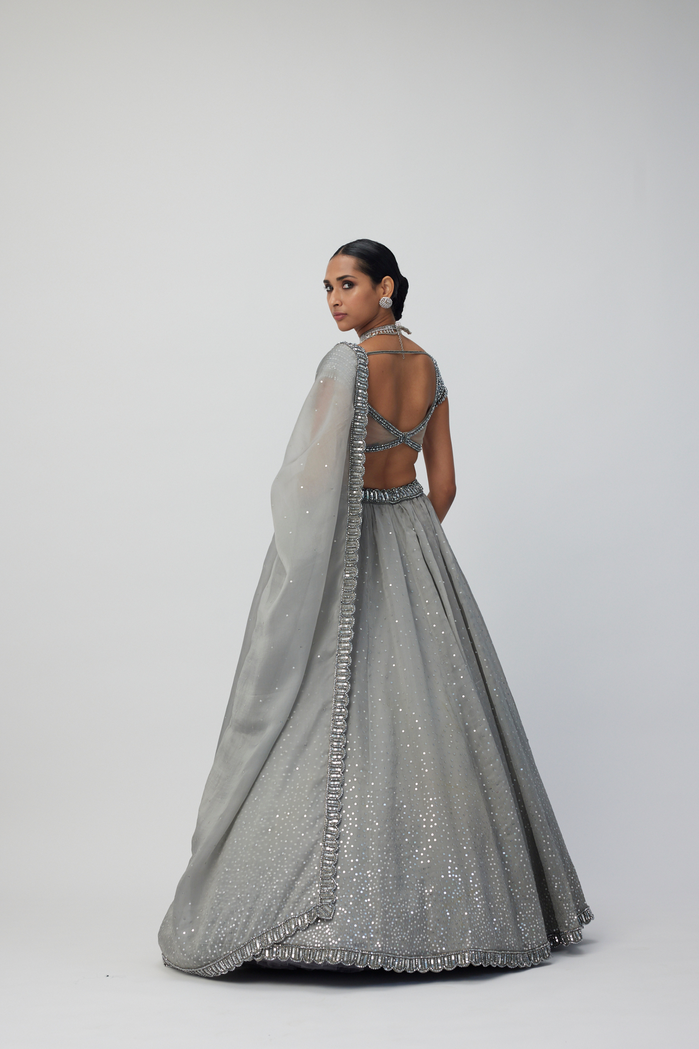 Crystal Grey Sequins Scattered Organza Lehenga Set Melange Singapore Online Shopping Indian Designer Wear V Vani Vats