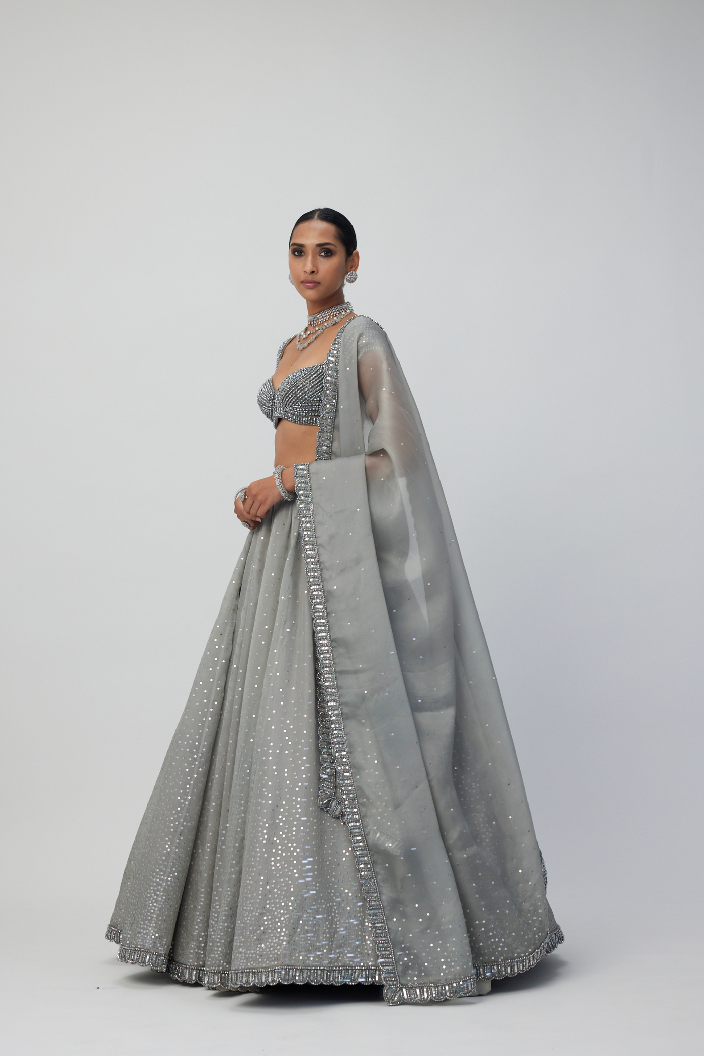 Crystal Grey Sequins Scattered Organza Lehenga Set Melange Singapore Online Shopping Indian Designer Wear V Vani Vats