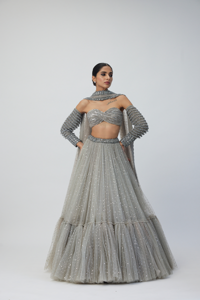 Crystal Grey Tulle Lehenga Set Melange Singapore Online Shopping Indian Designer Wear V Vani Vats