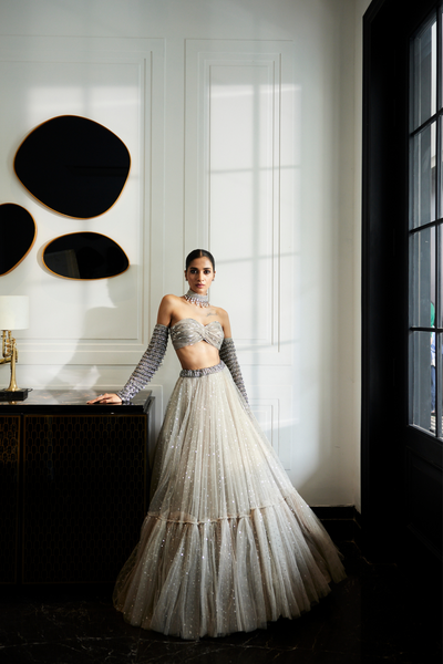 Crystal Grey Tulle Lehenga Set Melange Singapore Online Shopping Indian Designer Wear V Vani Vats