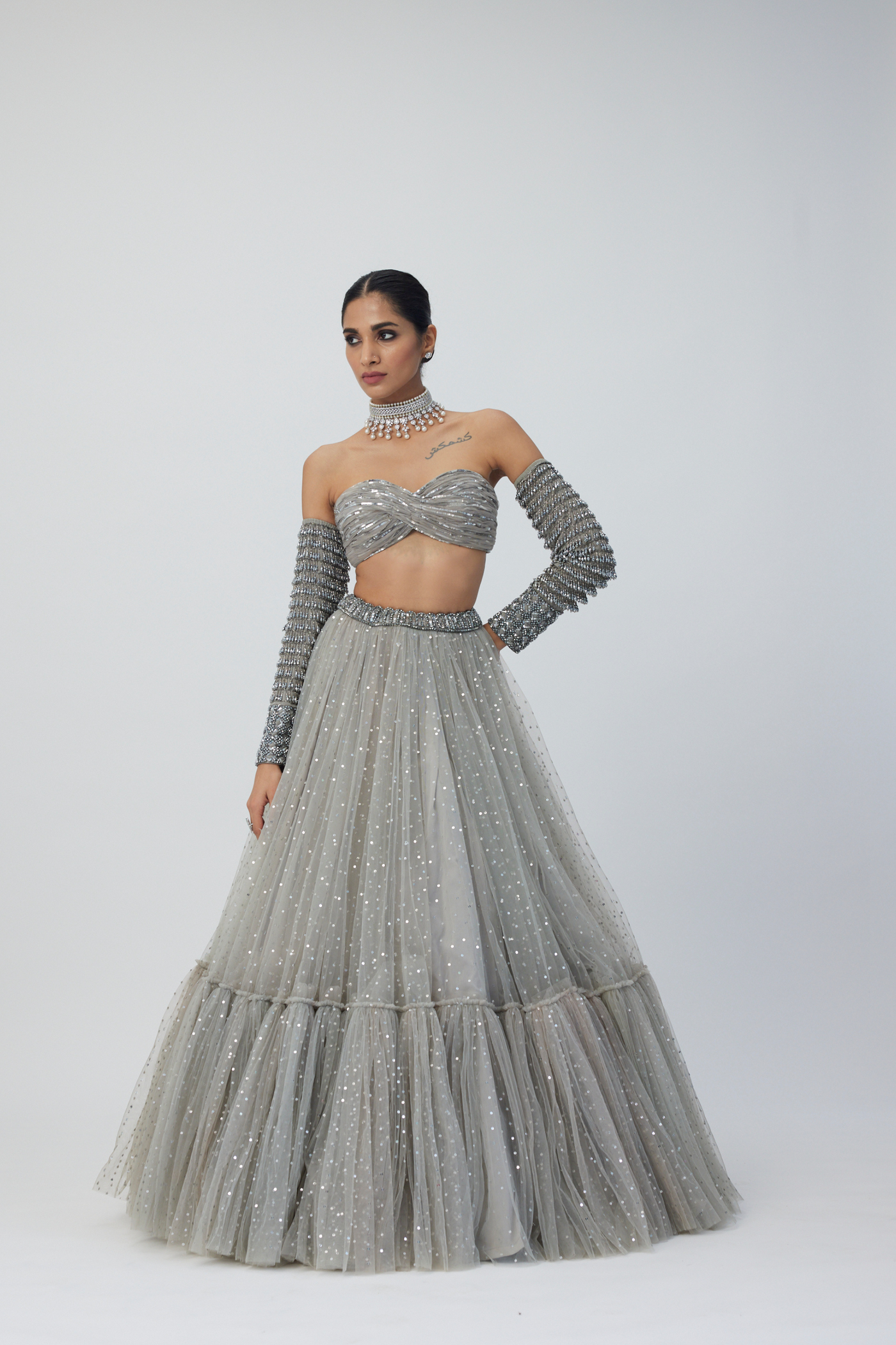 Crystal Grey Tulle Lehenga Set Melange Singapore Online Shopping Indian Designer Wear V Vani Vats