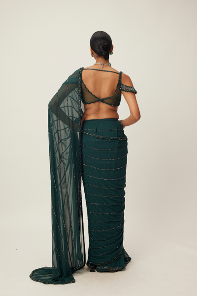 Dark Jade Green Crystal Linear Embroidered Saree Melange Singapore Online Shopping Indian Designer Wear V Vani Vats