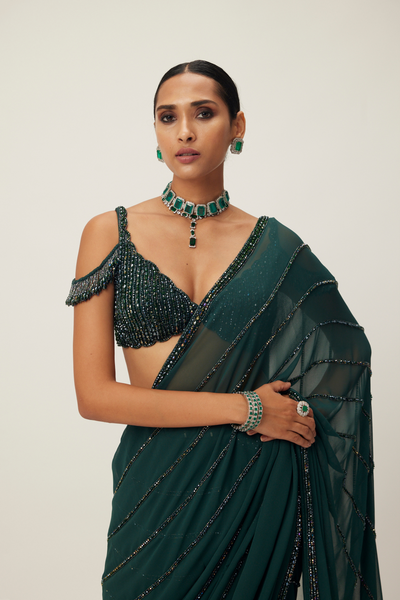 Dark Jade Green Crystal Linear Embroidered Saree Melange Singapore Online Shopping Indian Designer Wear V Vani Vats