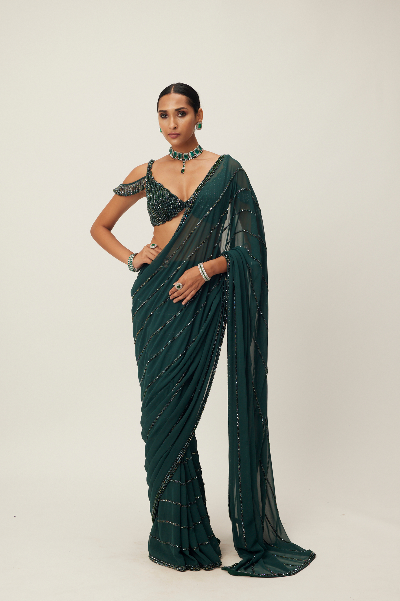 Dark Jade Green Crystal Linear Embroidered Saree Melange Singapore Online Shopping Indian Designer Wear V Vani Vats