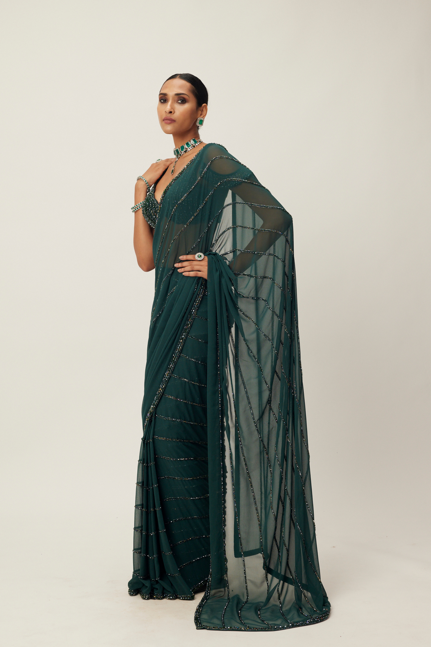 Dark Jade Green Crystal Linear Embroidered Saree Melange Singapore Online Shopping Indian Designer Wear V Vani Vats