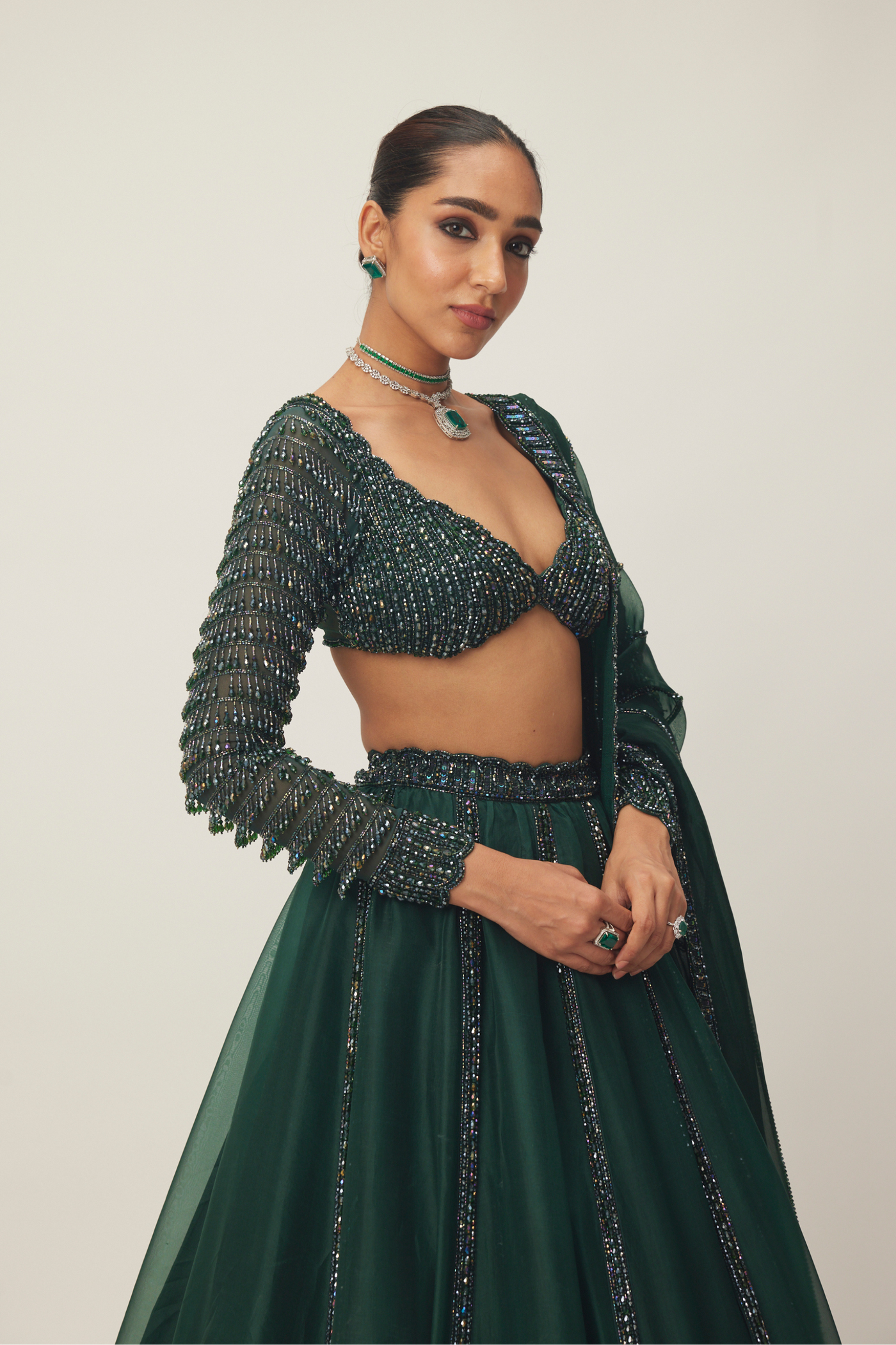 Dark Jade Green Organza Lehenga Set Melange Singapore Online Shopping Indian Designer Wear V Vani Vats