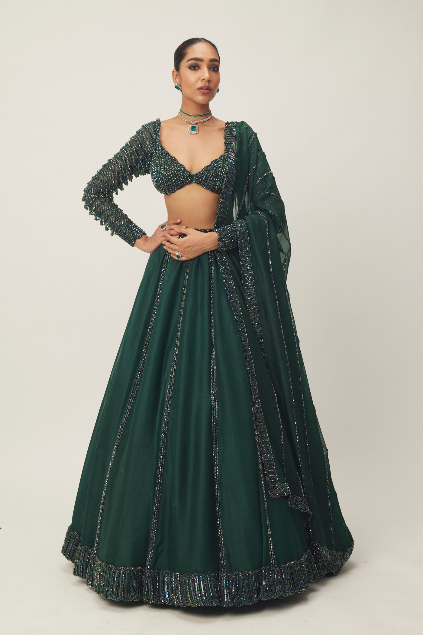 Dark Jade Green Organza Lehenga Set Melange Singapore Online Shopping Indian Designer Wear V Vani Vats