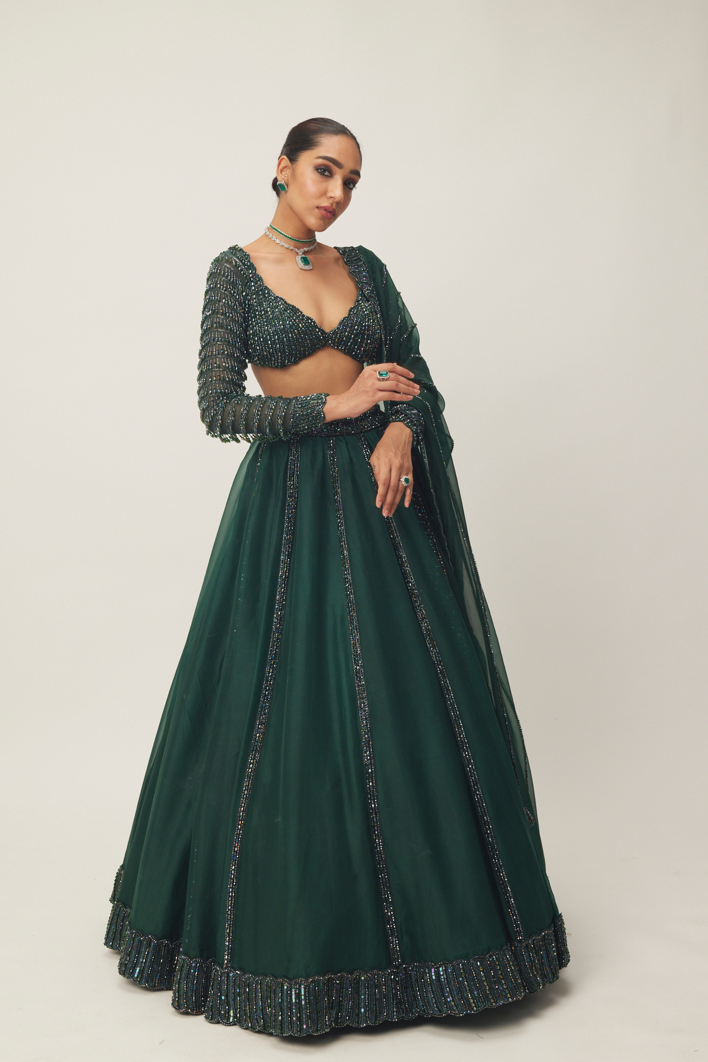 Dark Jade Green Organza Lehenga Set Melange Singapore Online Shopping Indian Designer Wear V Vani Vats